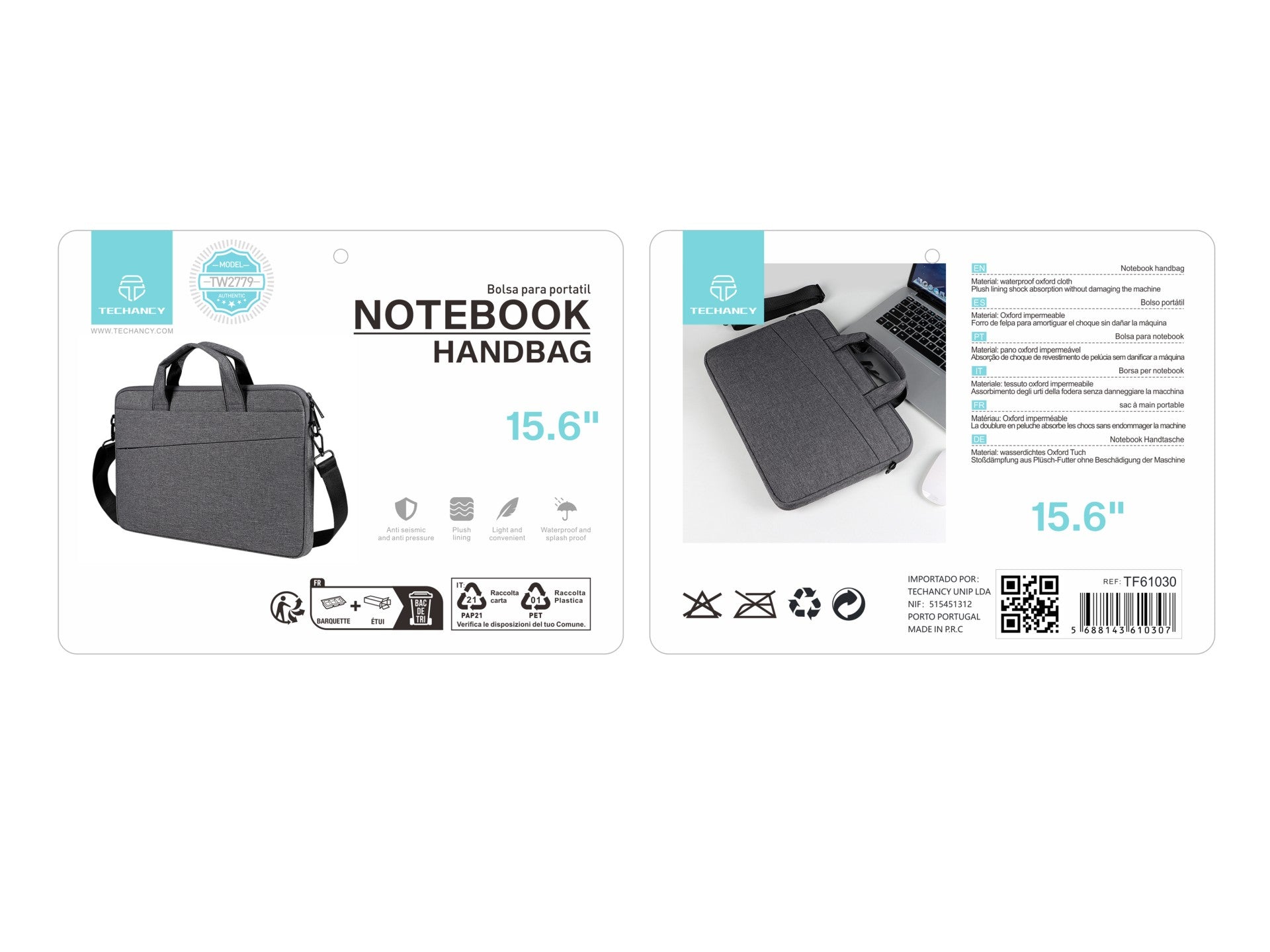 Mala para computador portátil Techancy TW2779, Preto, 15,6 polegadas, alça ajustável