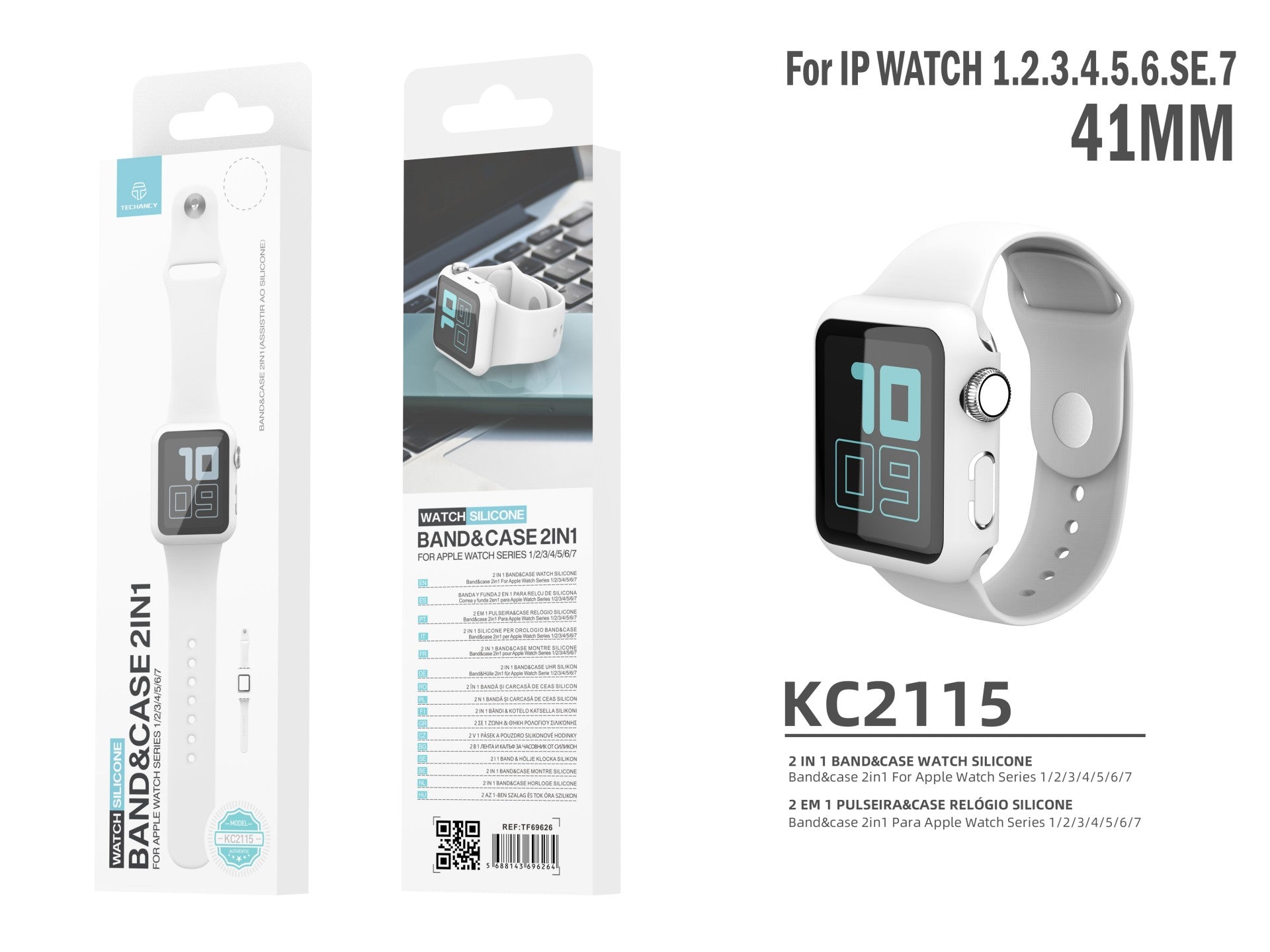 Pulseira de silicone para relógio Techancy, KC2115, com protetor de ecrã, compatível com Apple Watch 41 mm, Branco