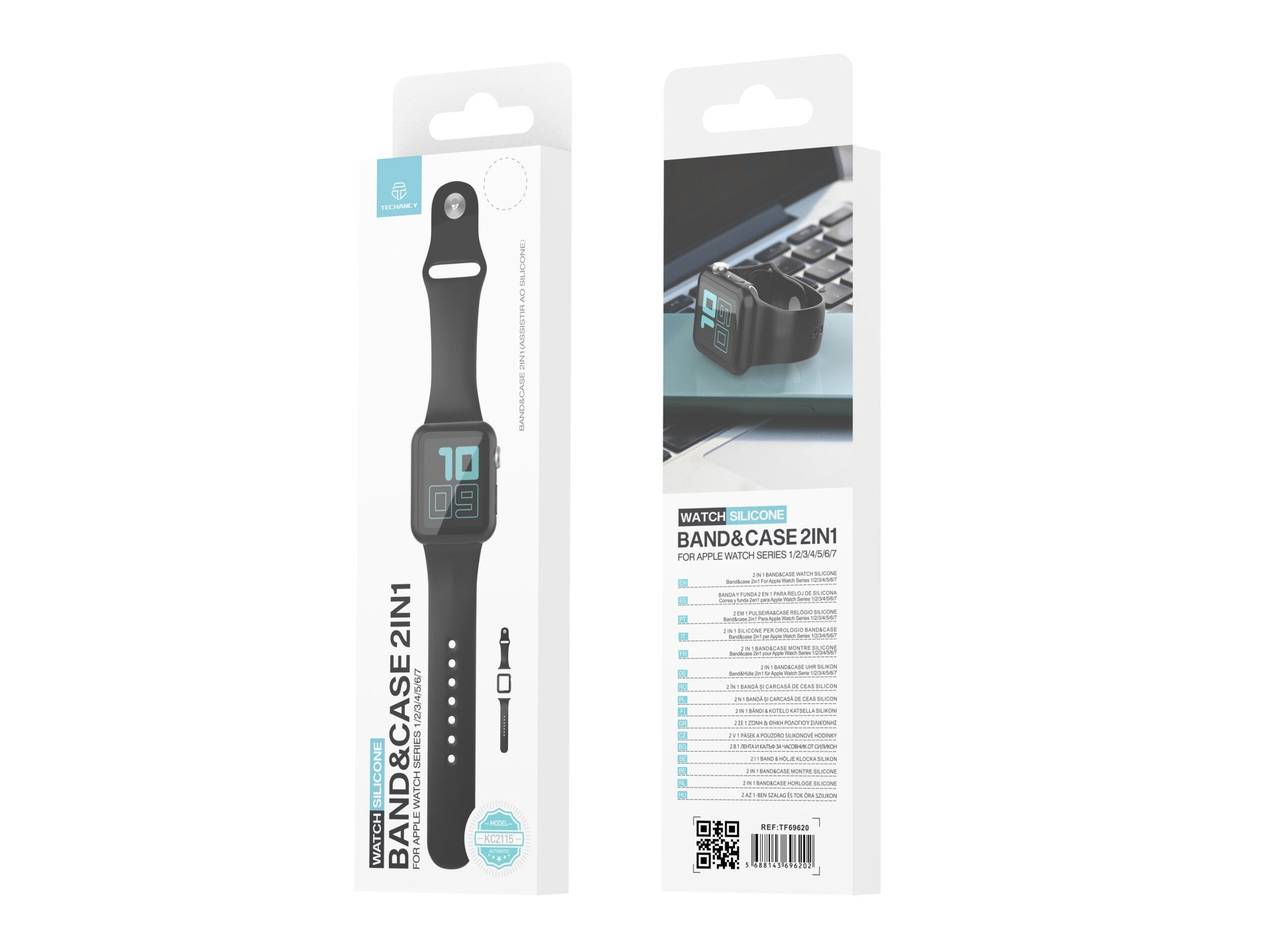 Pulseira de silicone para relógio Techancy, KC2115, com protetor de ecrã, compatível com Apple Watch 44 mm, Preto