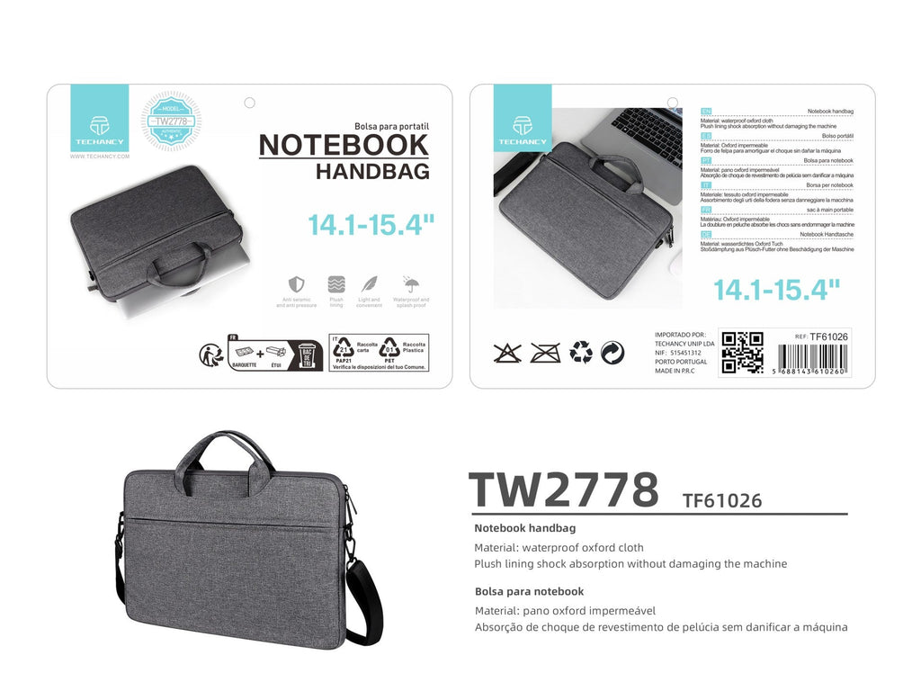 Mala de transporte para computador portátil Techancy TW2778, Preto, 14,1/15,4 polegadas, alça ajustável para o ombro