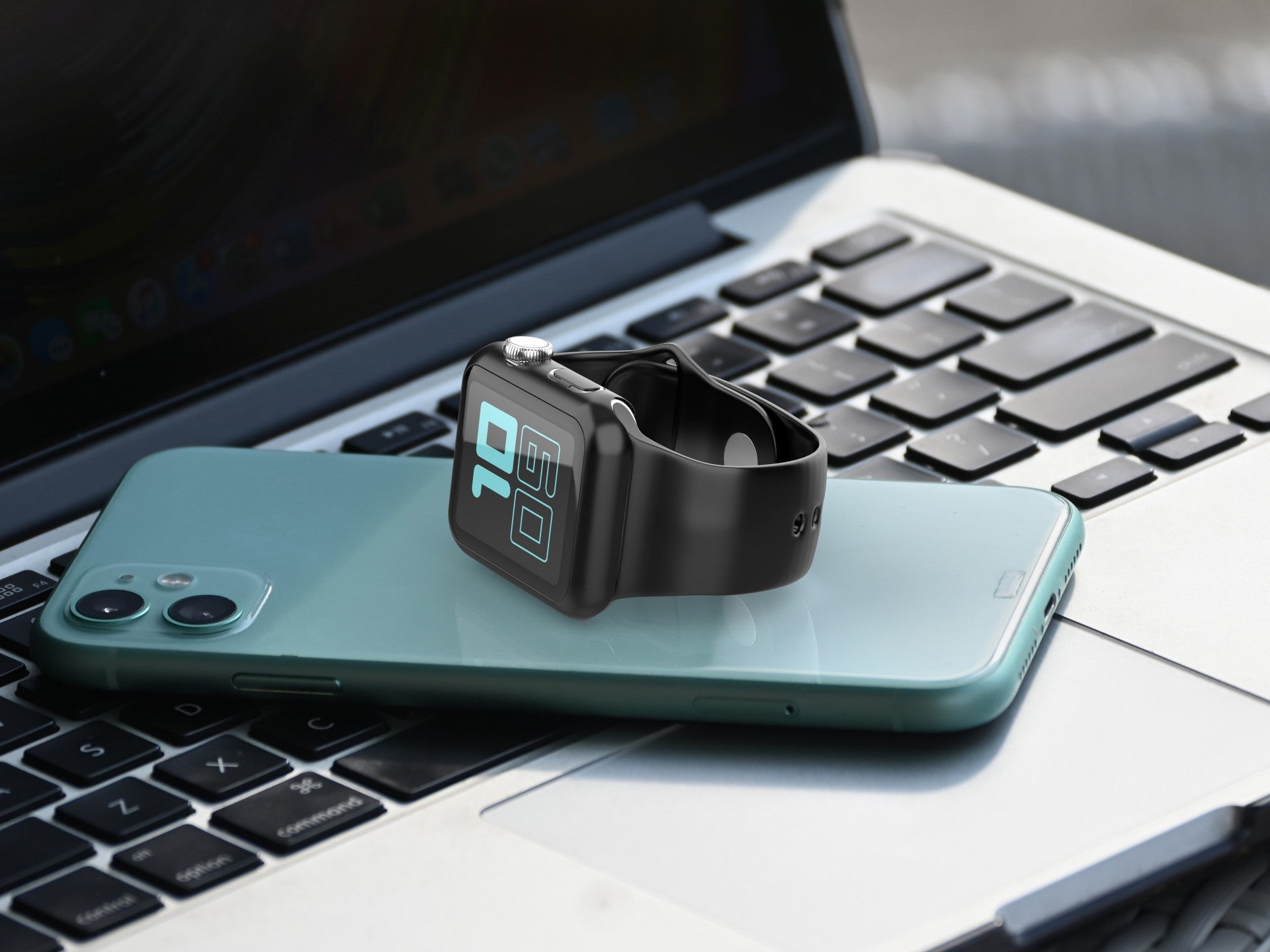 Pulseira de silicone para relógio Techancy, KC2115, com protetor de ecrã, compatível com Apple Watch 38 mm, Preto