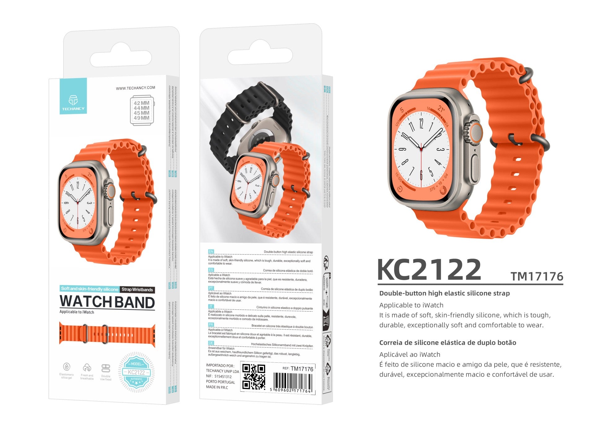 Techancy Bracelete De Silicone Laranja KC2122, Compatível Com Apple Watch 42mm/44mm/45mm/49mm, Material De Silicone Macio