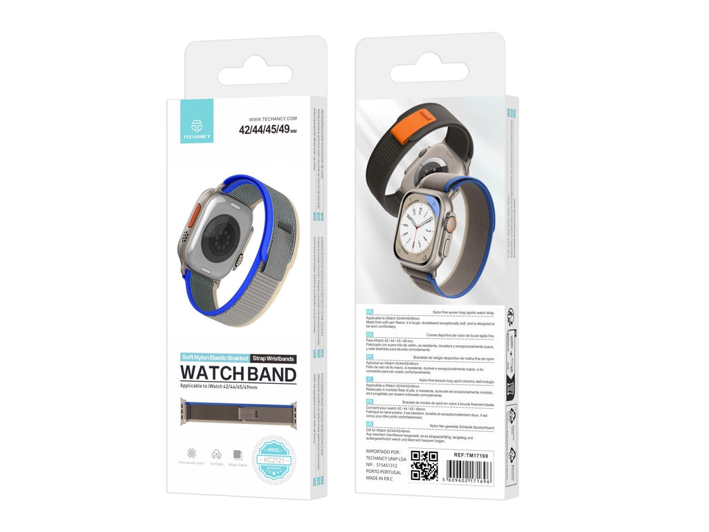 Techancy Faixa Desportiva Preta KC2121, Compatível Com Apple Watch Ultra 42 Mm/44 Mm/45 Mm/49 Mm, Nylon E Velcro, Fecho Ajustável.
