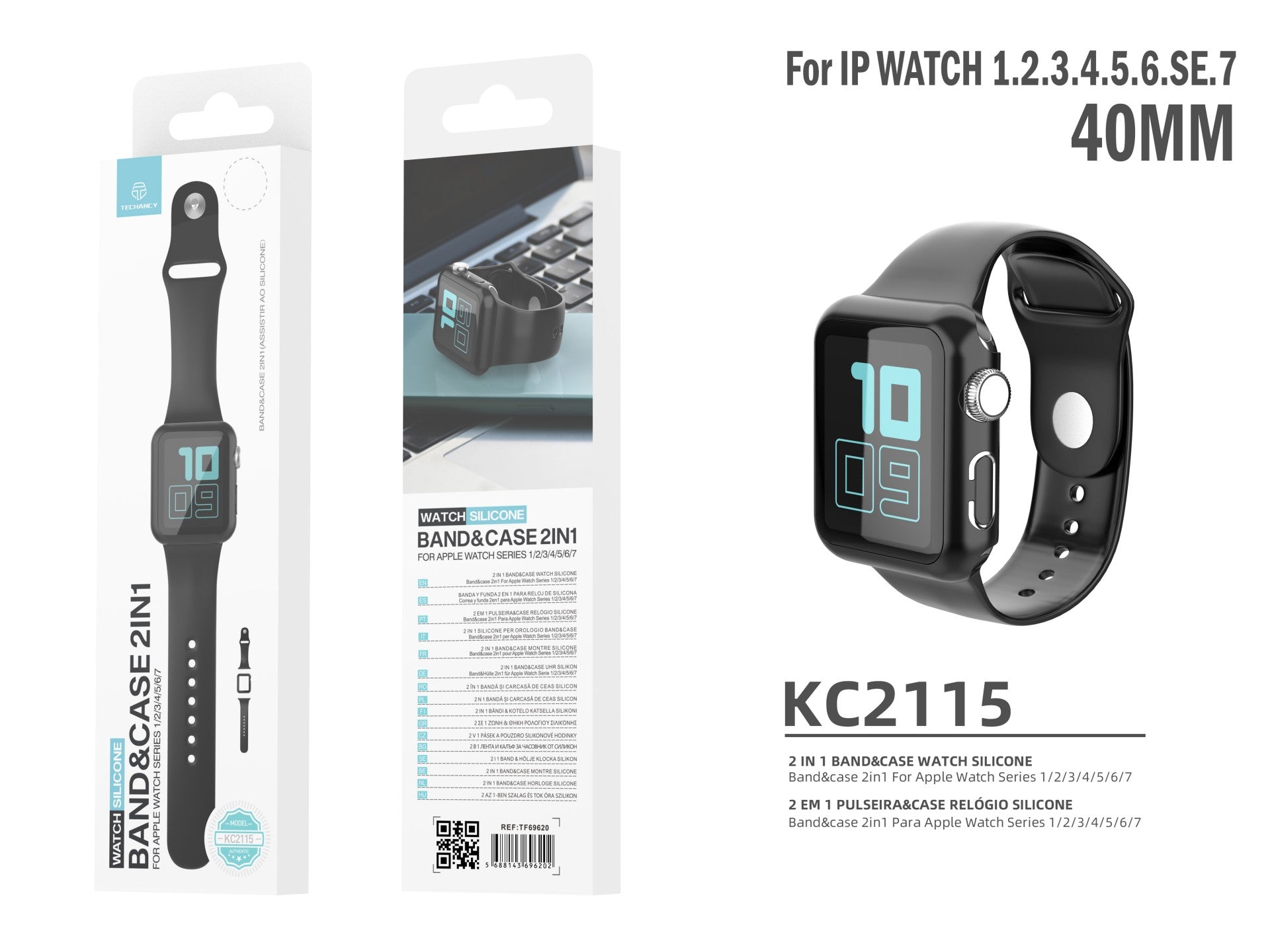 Pulseira de silicone para relógio Techancy, KC2115, com protetor de ecrã, compatível com Apple Watch 40 mm, Preto