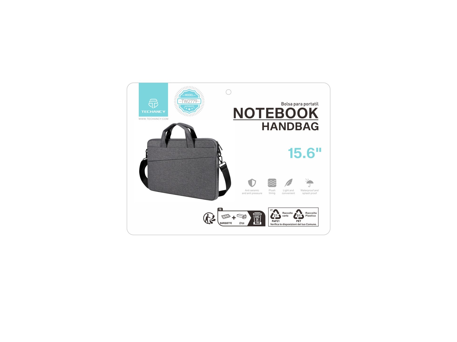 Mala para computador portátil Techancy TW2779, Preto, 15,6 polegadas, alça ajustável