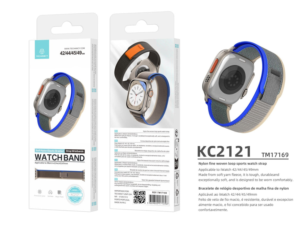 Techancy Faixa Desportiva Preta KC2121, Compatível Com Apple Watch Ultra 42 Mm/44 Mm/45 Mm/49 Mm, Nylon E Velcro, Fecho Ajustável.