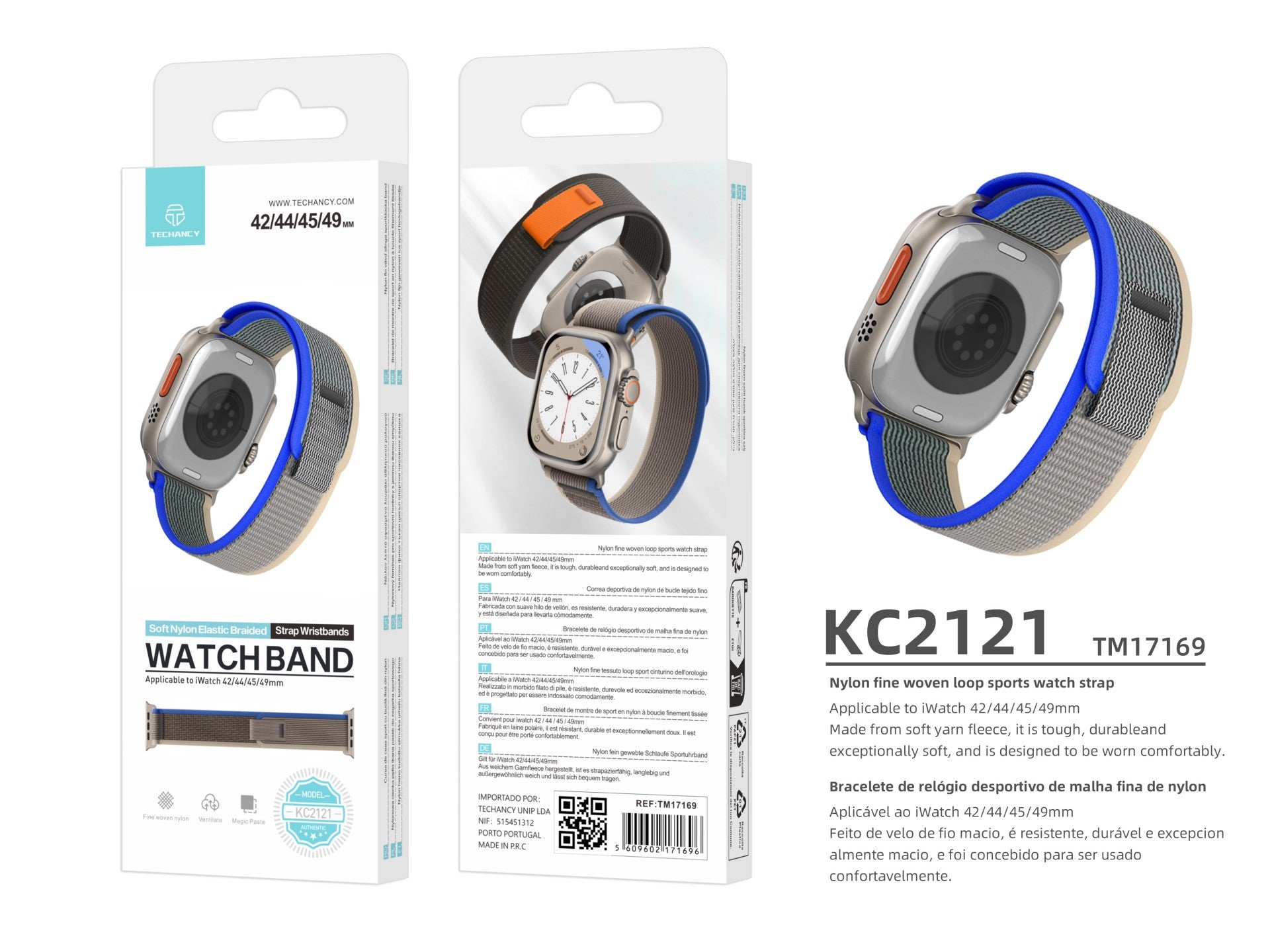 Techancy Faixa Desportiva Preta KC2121, Compatível Com Apple Watch Ultra 42 Mm/44 Mm/45 Mm/49 Mm, Nylon E Velcro, Fecho Ajustável.